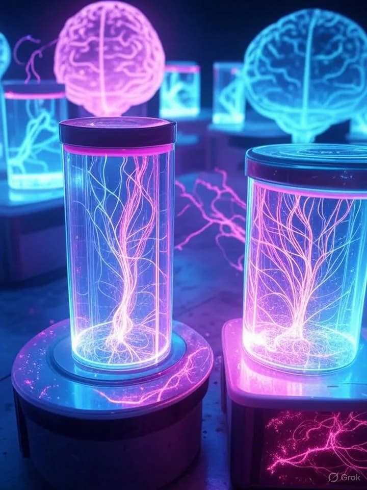 Réseaux neuronaux lumineux flottant dans des conteneurs transparents avec des connexions synaptiques électriques et des structures cérébrales holographiques