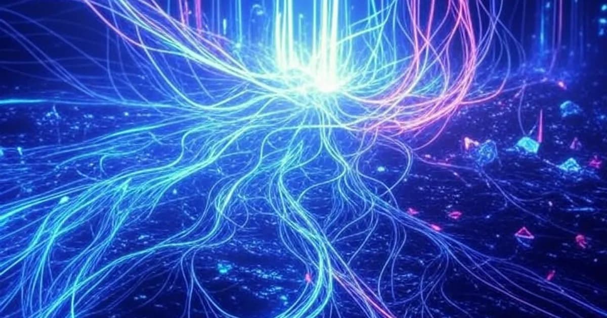 Réseaux neuronaux lumineux convergeant vers un point central brillant avec des flux de données colorés dans une ambiance futuriste