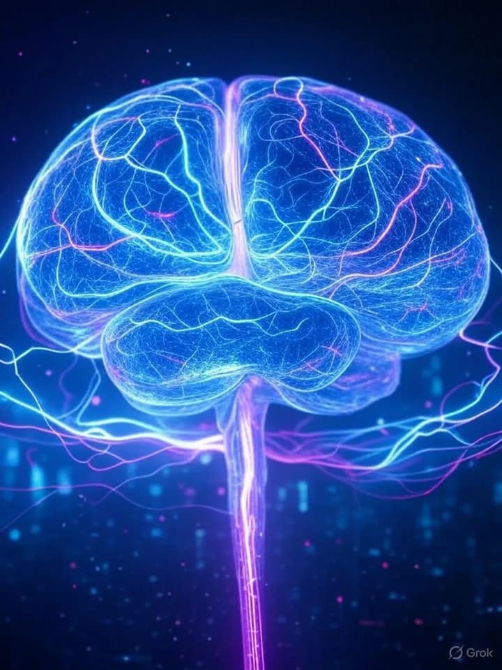 Cerveau humain translucide aux connexions neuronales lumineuses reliées à des circuits numériques et flux de données néon