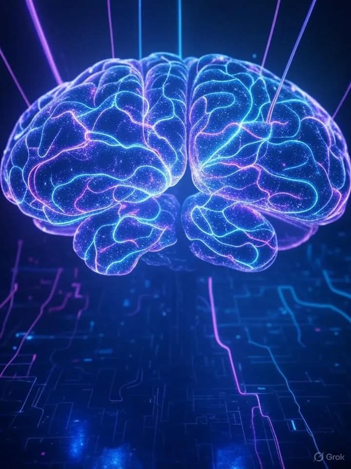 Cerveau stylisé avec des chemins neuronaux lumineux en bleu et violet, des signaux numériques convergeant vers le cortex visuel