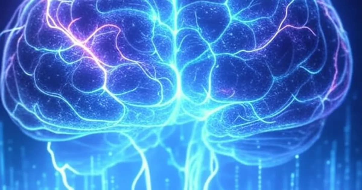Cerveau futuriste avec des circuits neuronaux lumineux en bleu et violet se transformant en ondes sonores numériques