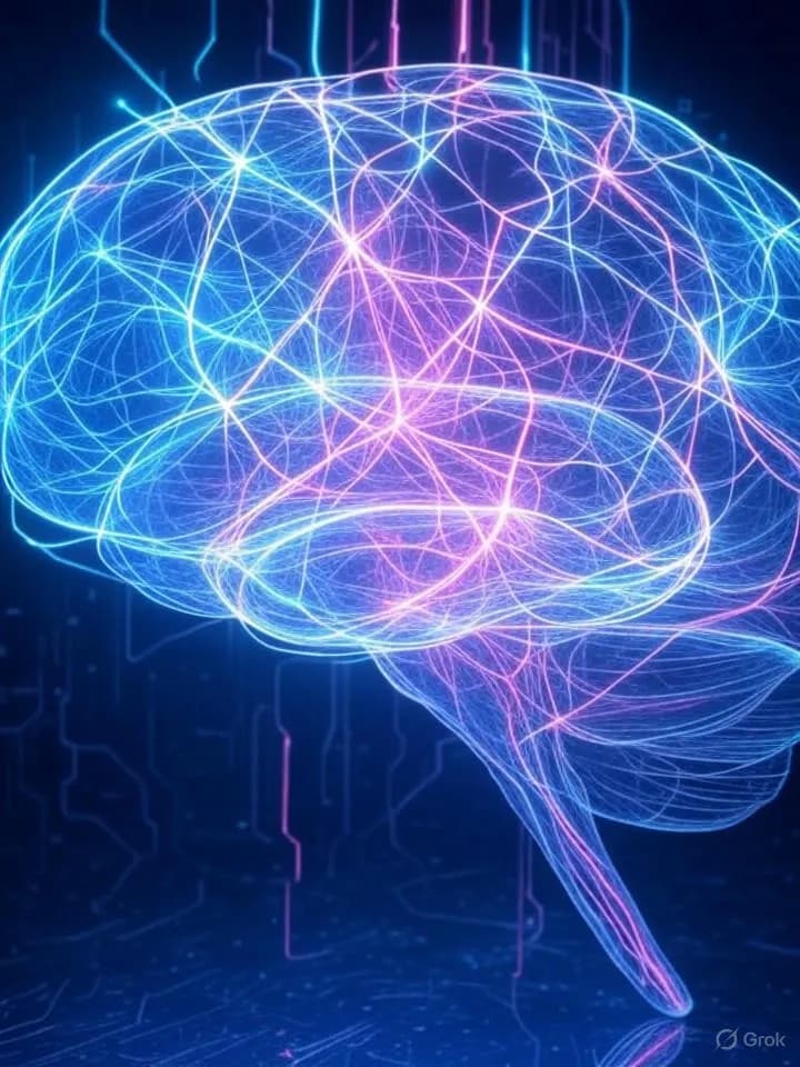 Réseau neuronal lumineux connecté à une silhouette de cerveau humain translucide dans un environnement numérique sombre
