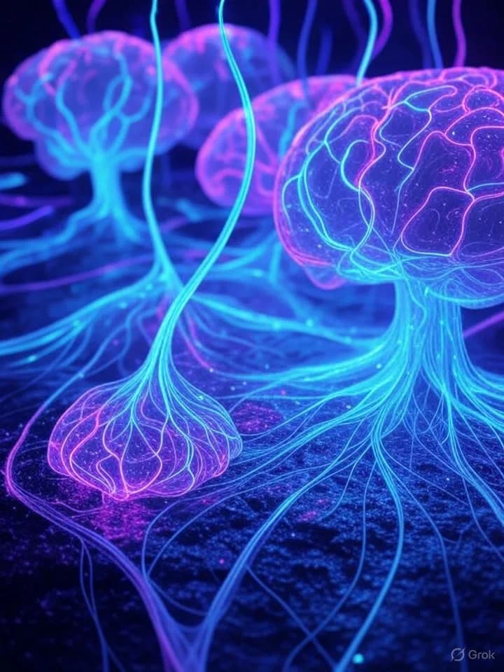 Réseaux neuronaux lumineux aux teintes bleu et violet néon, connectés à des structures organiques flottantes évoquant des circuits cérébraux