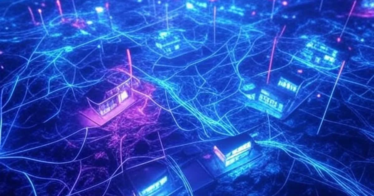 Réseaux neuronaux lumineux connectant des structures géométriques symbolisant des entreprises, dans une ambiance futuriste aux couleurs bleu et violet néon