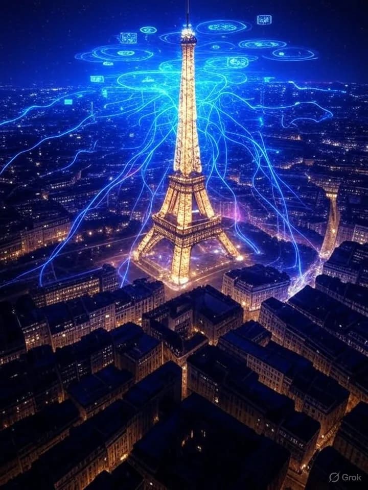 Vue aérienne nocturne futuriste de Paris avec des flux de données lumineux et des motifs de réseaux neuronaux connectant les bâtiments