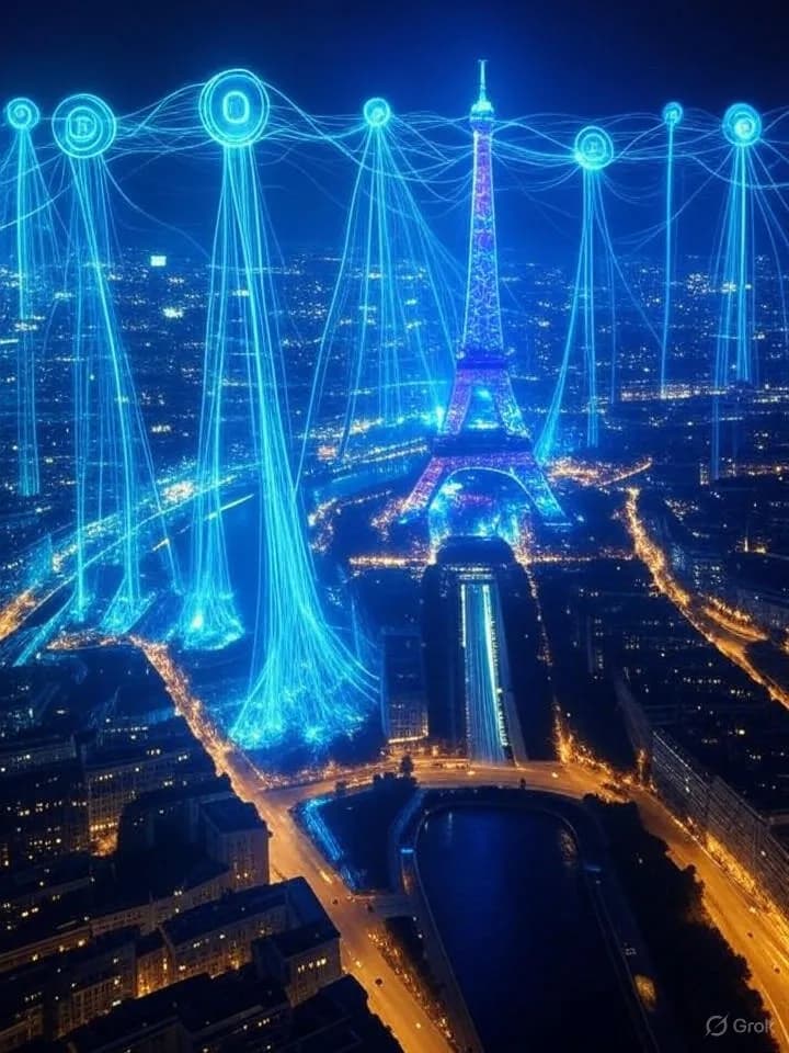 Skyline parisien nocturne traversé de flux lumineux et de réseaux neuronaux holographiques dans une ambiance futuriste