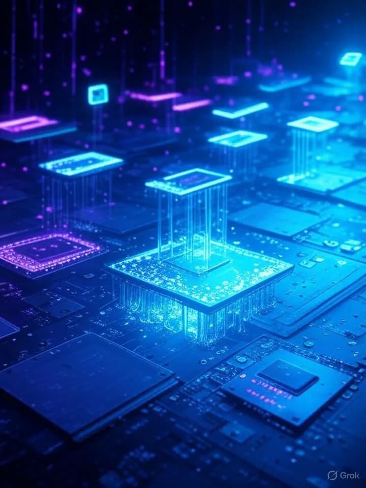 Puces électroniques et circuits imprimés flottant dans un espace numérique illuminé de néons violets et cyan
