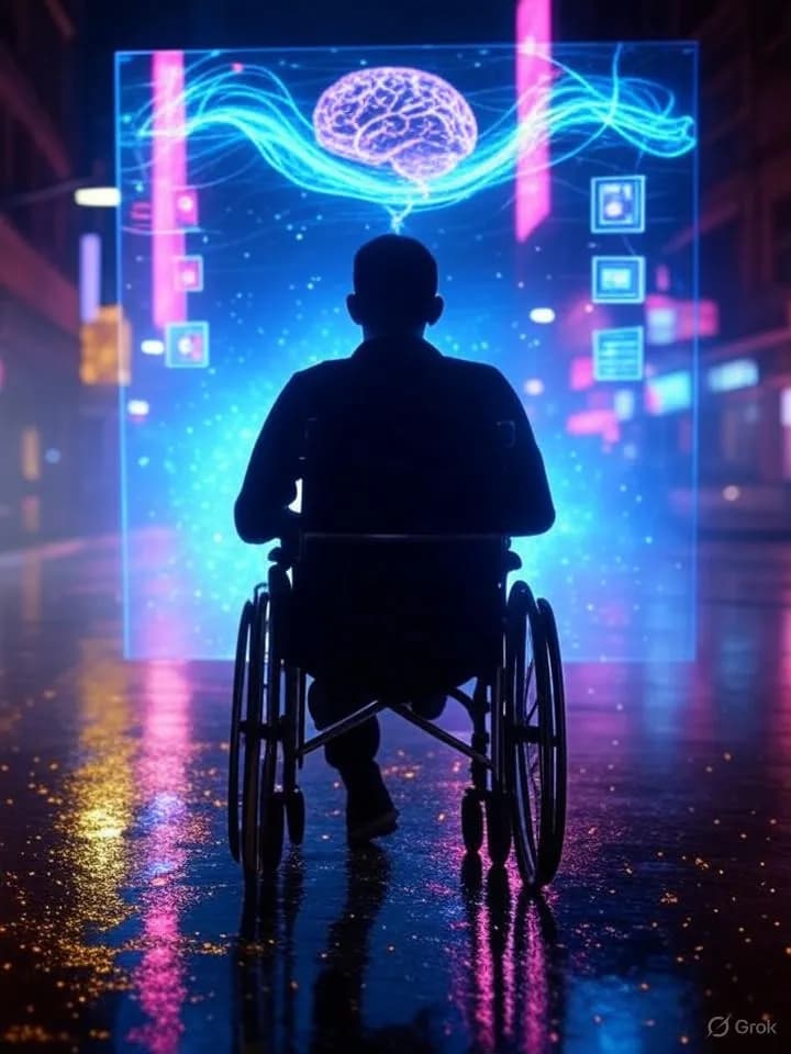 Silhouette d'une personne en fauteuil roulant connectée par des ondes lumineuses à un écran holographique dans une ambiance futuriste